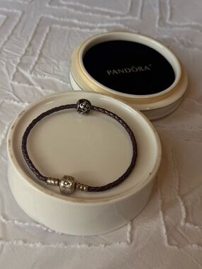 Pandora Purple Braided Leather Bracelet + Genuine Purple Charm | Approx. 21 cm